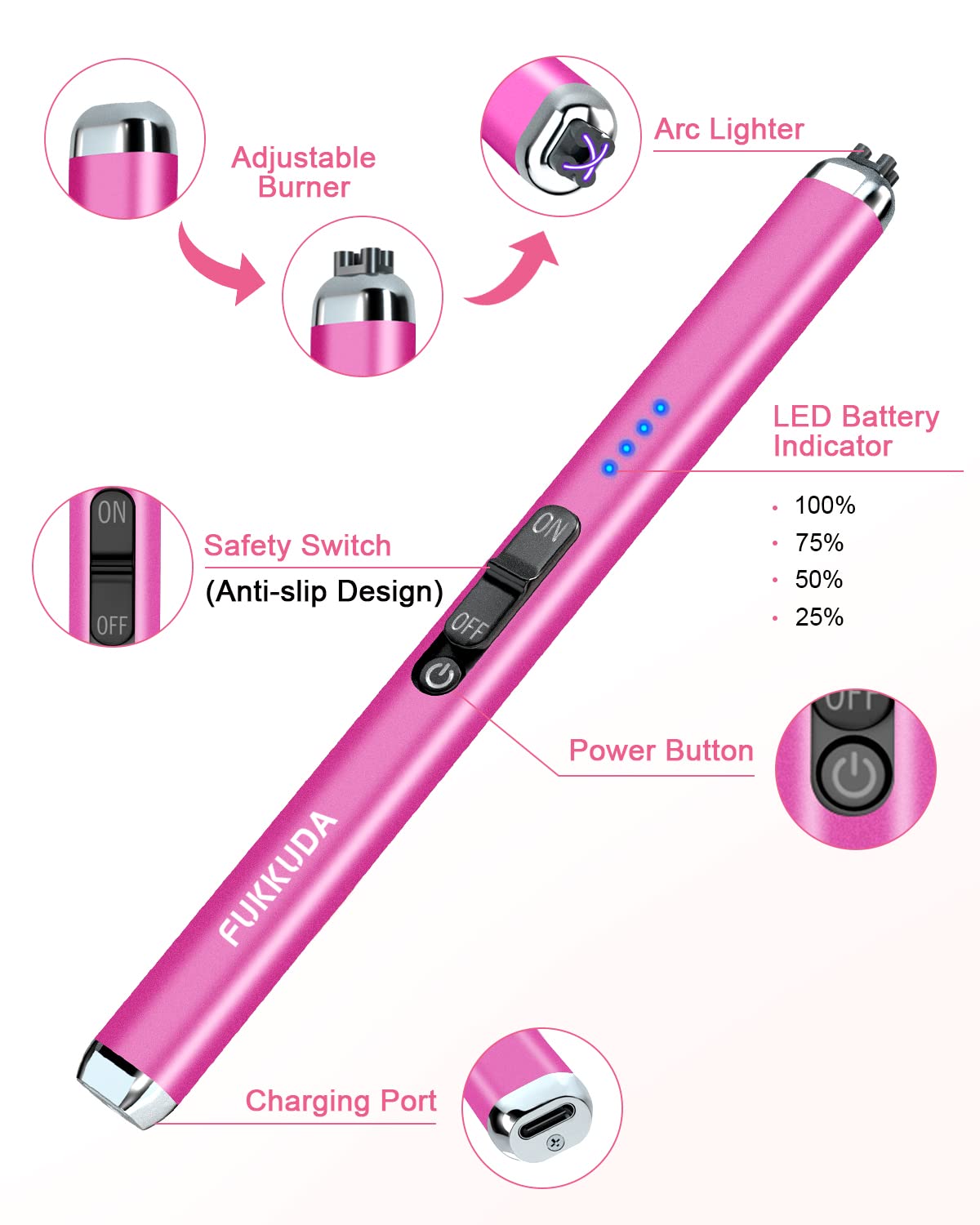 FUKKUDA Electric Candle Lighter with Safety Switch - USB Rechargeable Windproof & Flameless Plasma Arc Lighter for Easter Basket Stuffers (Rose Gold)