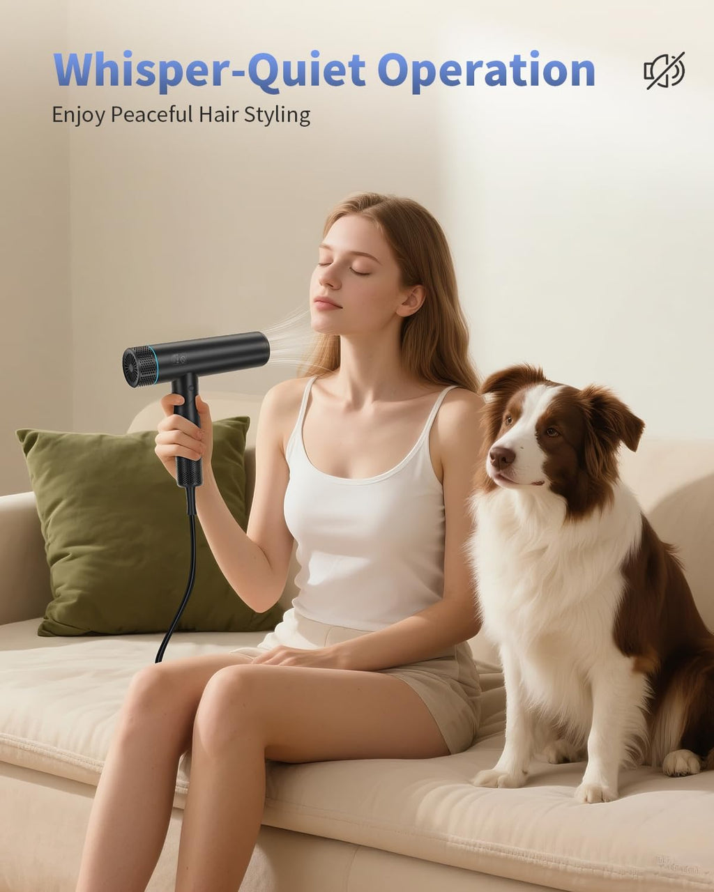 Hair Dryer, Professional Brushless Motor Ionic Hair Blow Dryer with Diffuser, Magnetic Nozzles, 0.83Pound, 2000W, 60dB, 3 Heat Settings & 3 Speed & Cold Settings, Diffuser Hair Dryer, Black