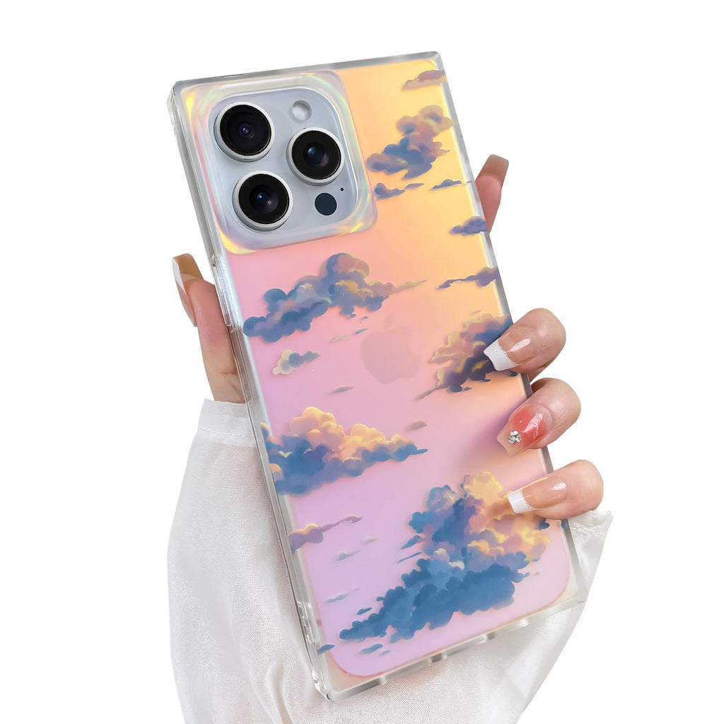 Cute Case for iPhone 13 Pro Case for Women Girls with Iridescent Cloud Pattern Design, Aesthetic Trendy Girly Matte Glitter Sparkly Rainbow Rectangle Protective Phone Cover, Sun Set Sky