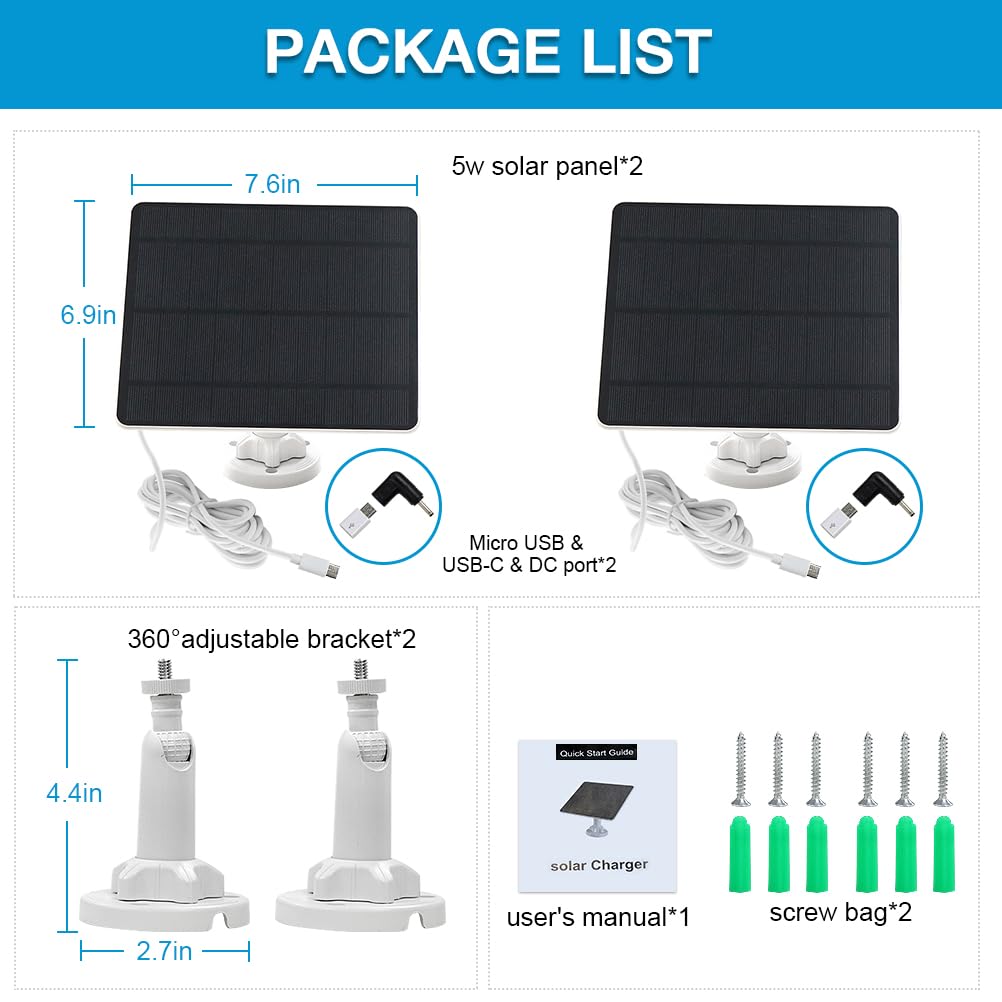 Solar Panel for Security Camera,5W USB Solar Panel for Cameras DC 5V,Camera Solar Panel Charger Micro USB & USB-C & DC,IP65 Waterproof USB Solar Panel Charger for Camera with 360°Adjustable Mounting