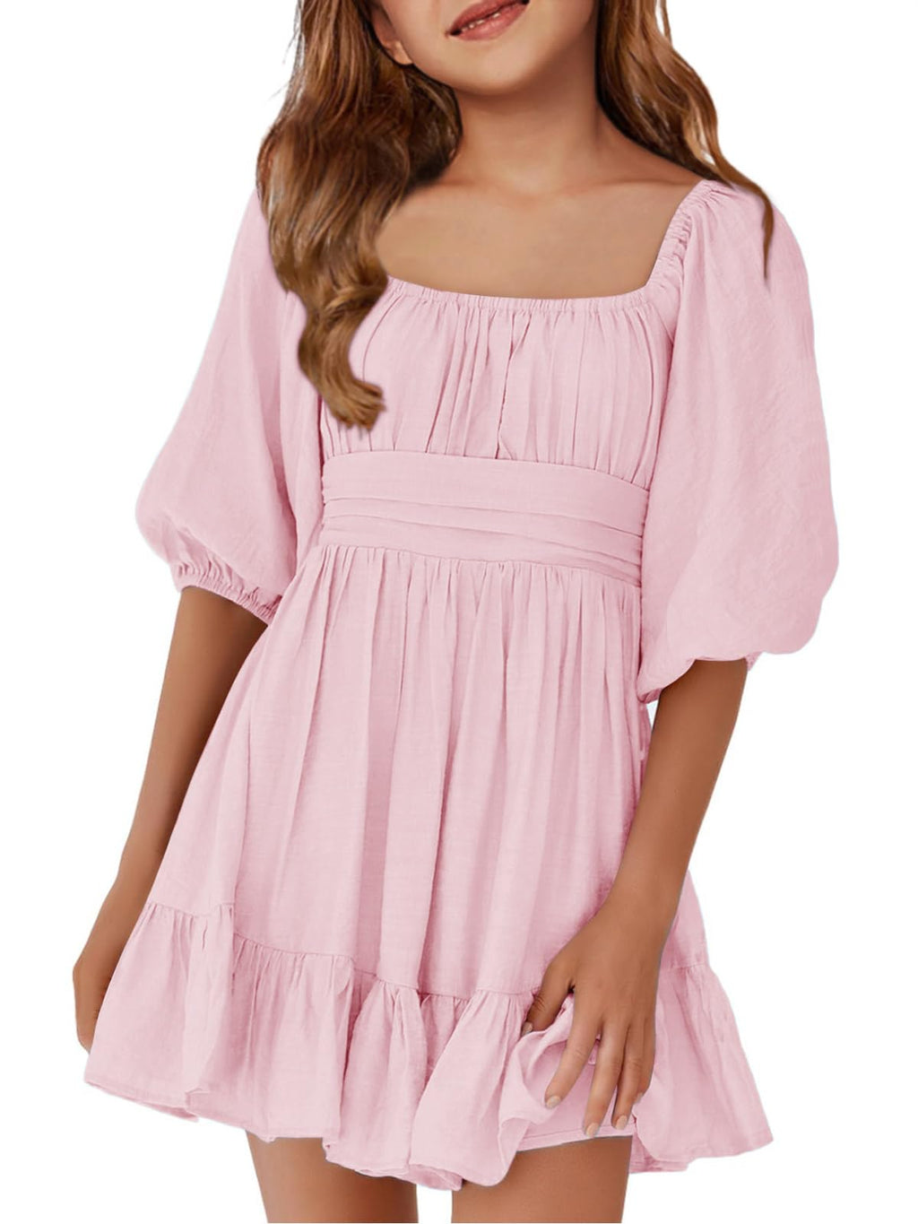 Girls Summer Dresses Square Neck Lantern Sleeve Tie Backless Ruffle A-Line Party Mini Dress
