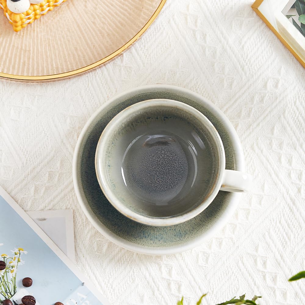 Coffeezone Vintage Design 12 oz Ceramic Latte Art Cappuccino Barista Cup with Saucer (Beige)
