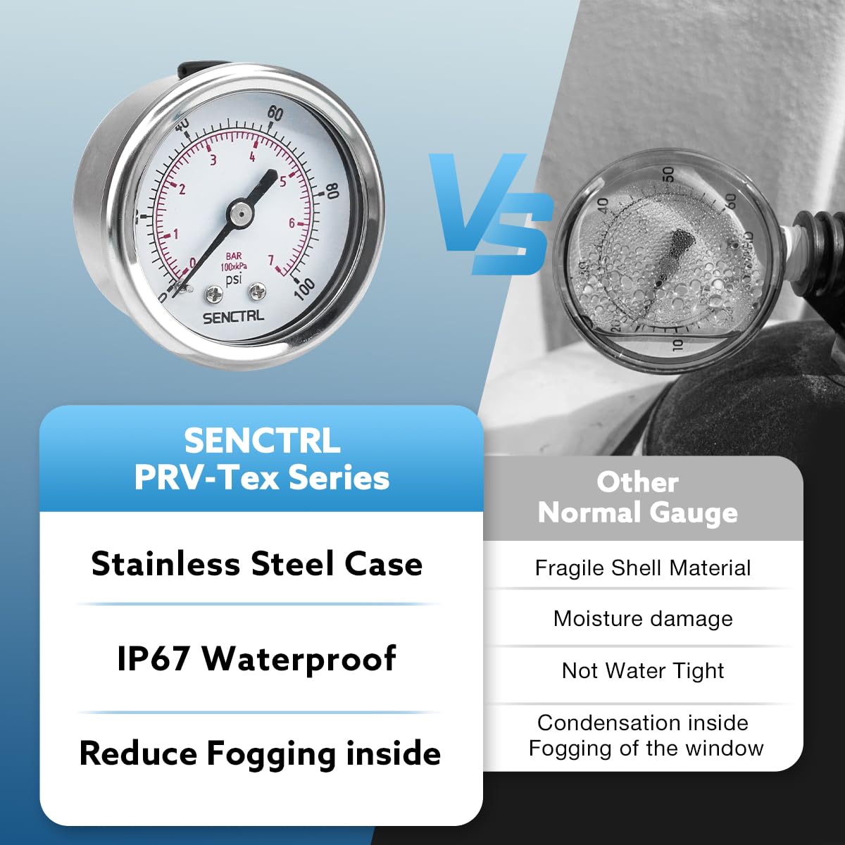 SENCTRL 30inHg Vacuum Pressure Gauge, 2" Dial, 1/8 NPT Lower Mount, Waterproof, Stainless Steel Case, for Tube Tester, HVAC, Pneumatic Air Compressor, Hand Pump, Valve Test