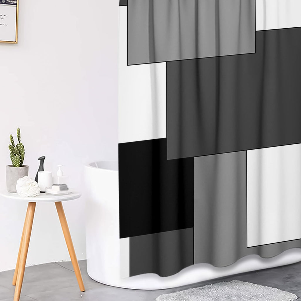 Beige Geometric Shower Curtain Set with Toilet Lid Cover and Non-Slip Rugs for Bathroom, Black Grey White Checkered 4 Pcs Shower Curtain, Modern Abstract Bathroom Set with 12 Hooks
