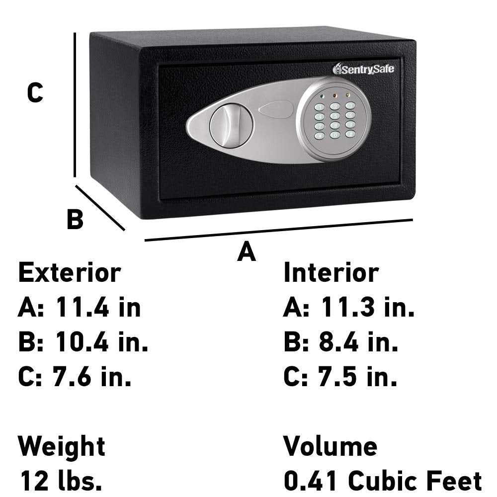 SentrySafe Medium Safe with Digital Keypad, Lock Box with Code has Interior Lining and Bolt Down Kit that Secures Pistol, Money, 0.41 Cubic Feet, 7.6 x 11.4 x 10.4 Inches, X041E