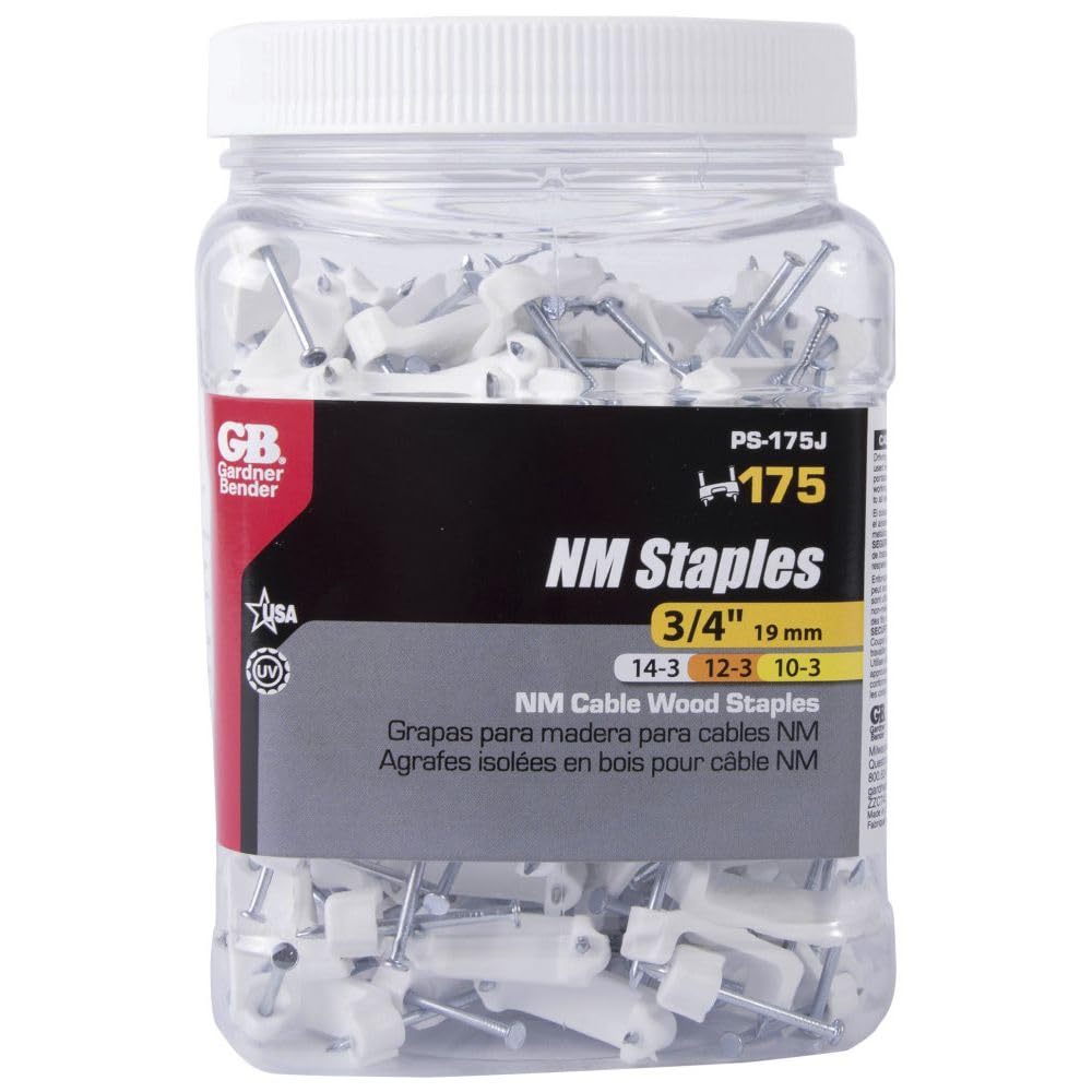 Gardner Bender PS-150Z Plastic Staple, ½ Inch., Secures Romex, UF & (NM) Non-Metalic Cable, Polyethylene - UV Resistant, Splinter Free, Application: 14/2, 12/2, 10/2 (NM) Non-Metalic Cable, 100 Pk., White