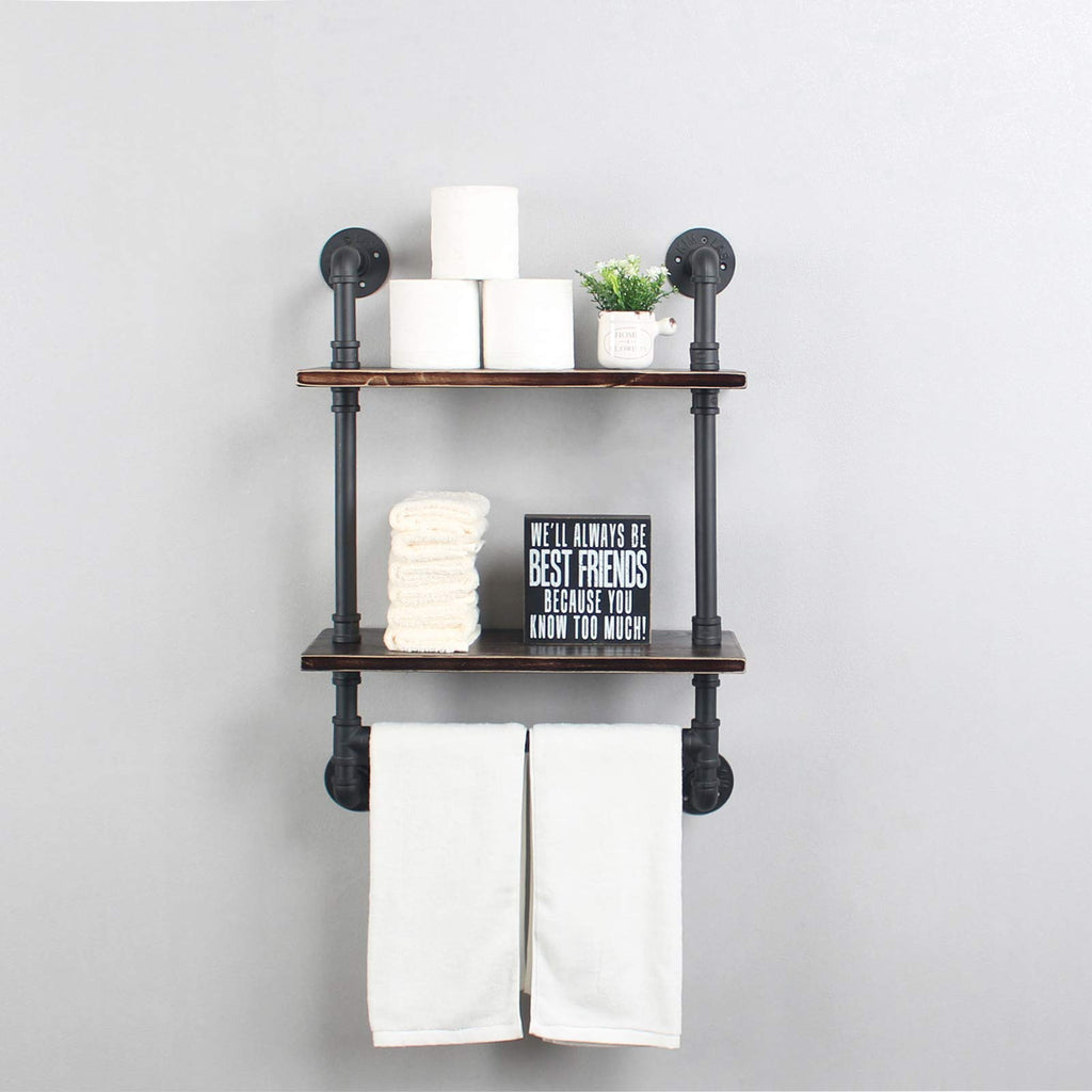 MBQQ Industrial Pipe Shelf Bathroom Shelves Wall Mounted,19.6in Rustic Wood Shelf with Towel Bar,1 Tier Farmhouse Towel Rack,Pipe Shelving Floating Shelves Towel Holder,Black & White