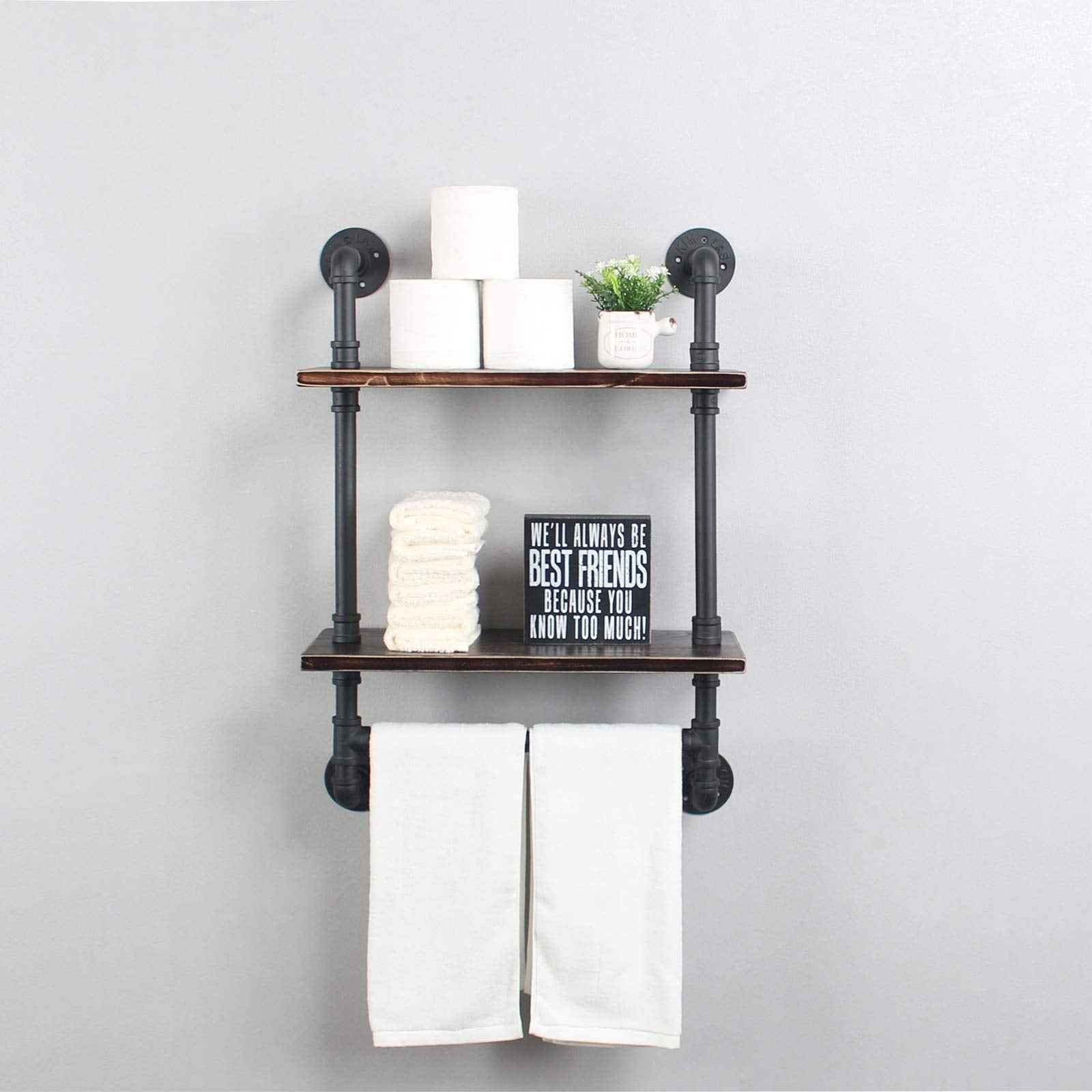 MBQQ Industrial Pipe Shelf Bathroom Shelves Wall Mounted,19.6in Rustic Wood Shelf with Towel Bar,1 Tier Farmhouse Towel Rack,Pipe Shelving Floating Shelves Towel Holder,Black & White
