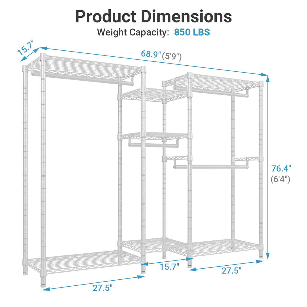 VIPEK Classic V6 Heavy Duty Clothes Rack, 7-Tier Garment Rack with Adjustable Shelves, Portable Closet Organizer with 4 Hanging Rods, Space-Saving, 850lbs Capacity, 68.9" L x 15.7" W x 76.4" H, Black