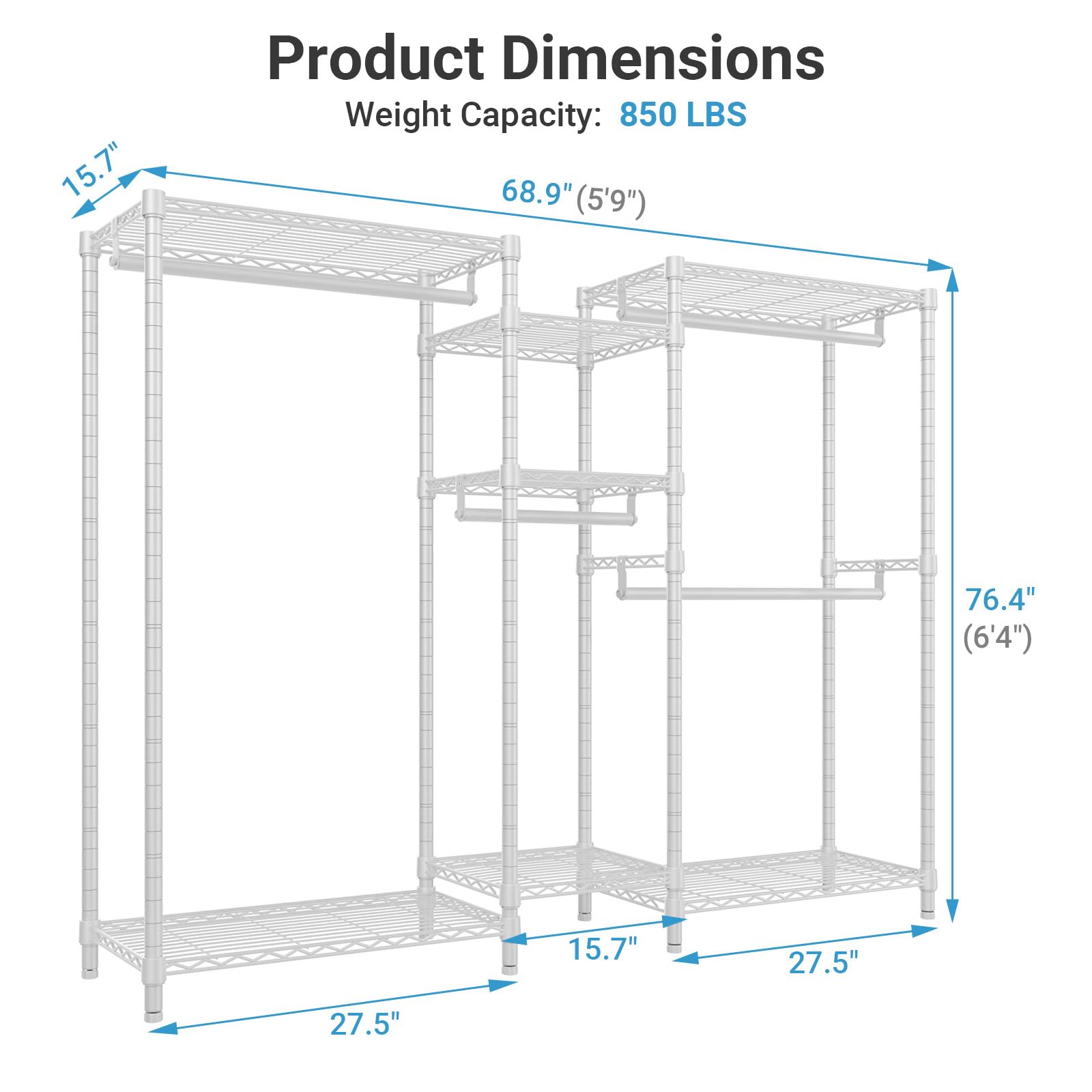 VIPEK Classic V6 Heavy Duty Clothes Rack, 7-Tier Garment Rack with Adjustable Shelves, Portable Closet Organizer with 4 Hanging Rods, Space-Saving, 850lbs Capacity, 68.9" L x 15.7" W x 76.4" H, Black