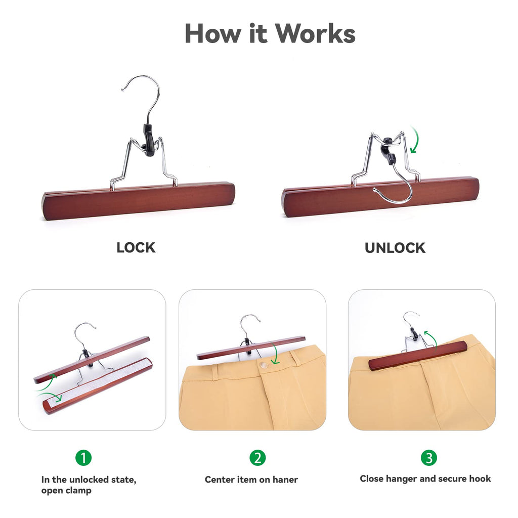 Nature Smile Wooden Pants Skirt Hangers, Smooth Finish Solid Wood Non Slip Jeans Slack Clamp Hangers Hair Extension Hangers (10 Pack Cherry)…