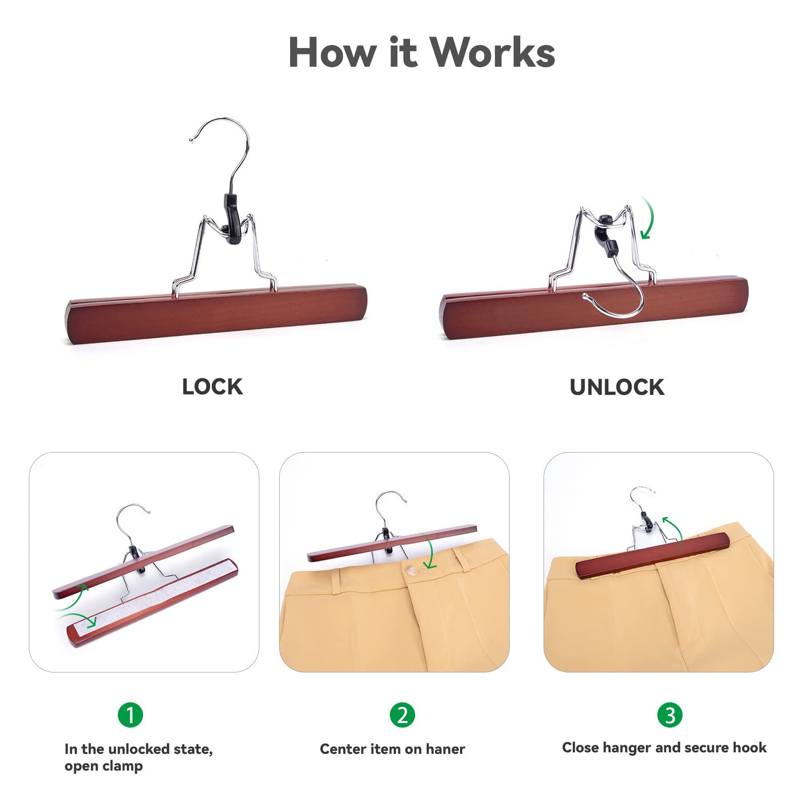 Nature Smile Wooden Pants Skirt Hangers, Smooth Finish Solid Wood Non Slip Jeans Slack Clamp Hangers Hair Extension Hangers (10 Pack Cherry)…