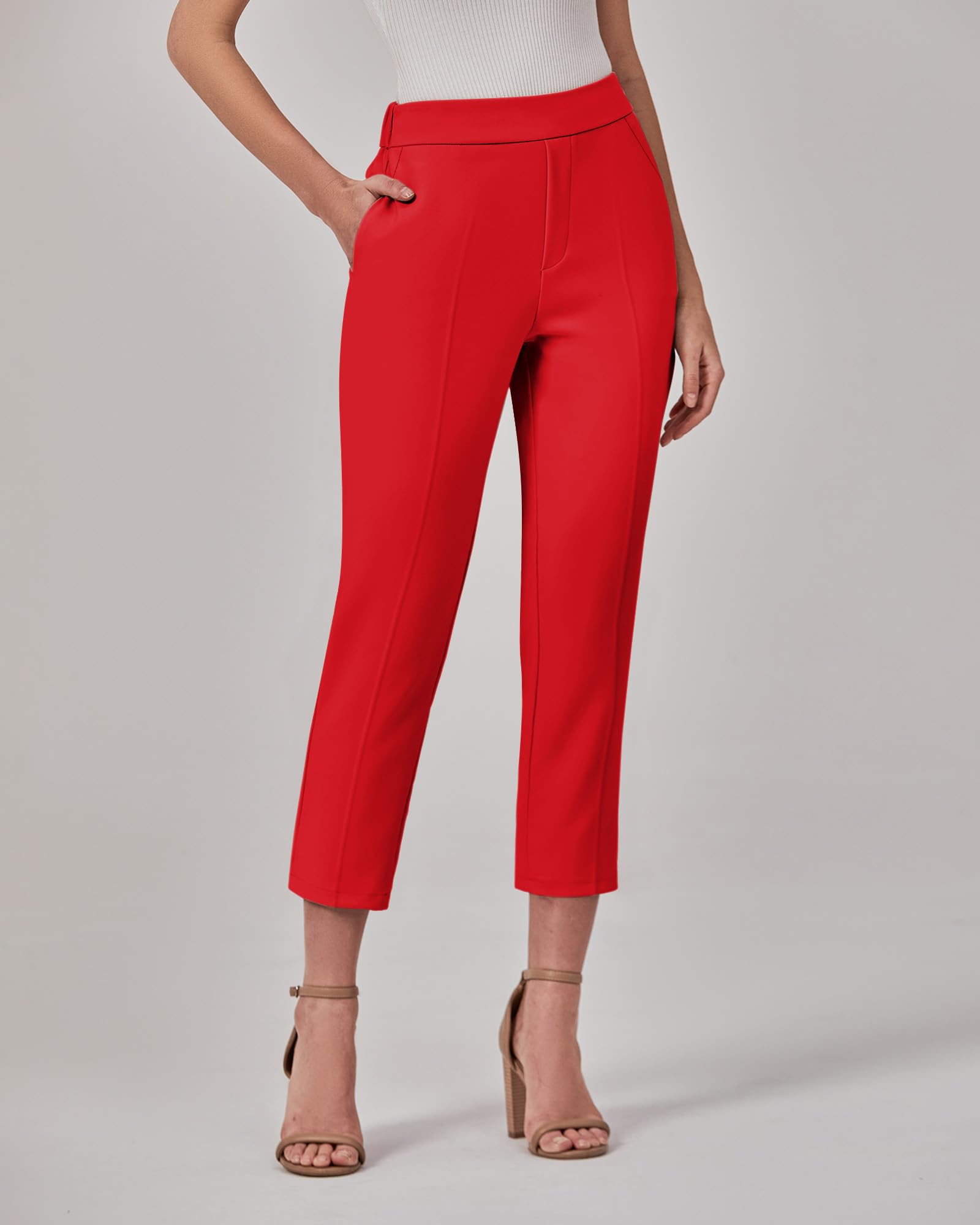 GRAPENT Capri Pants for Women High Waisted Pull On Dress Pants Slim Straight Leg Stretchy Waist Capris Trousers Pants