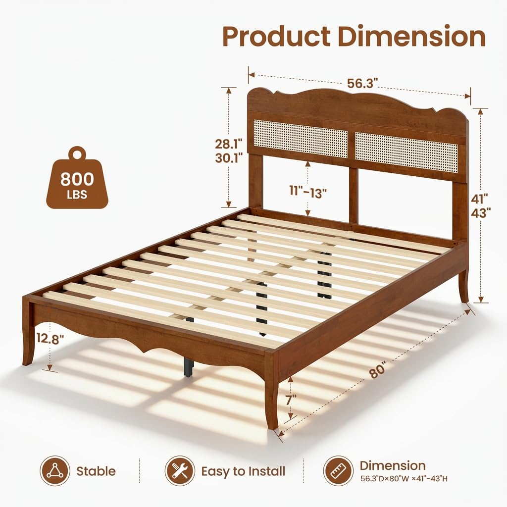 PHI VILLA Full Rattan Bed Frame with Headboard, Mid Century Modern Wooden Bed Frames, No Box Spring Needed, Brown