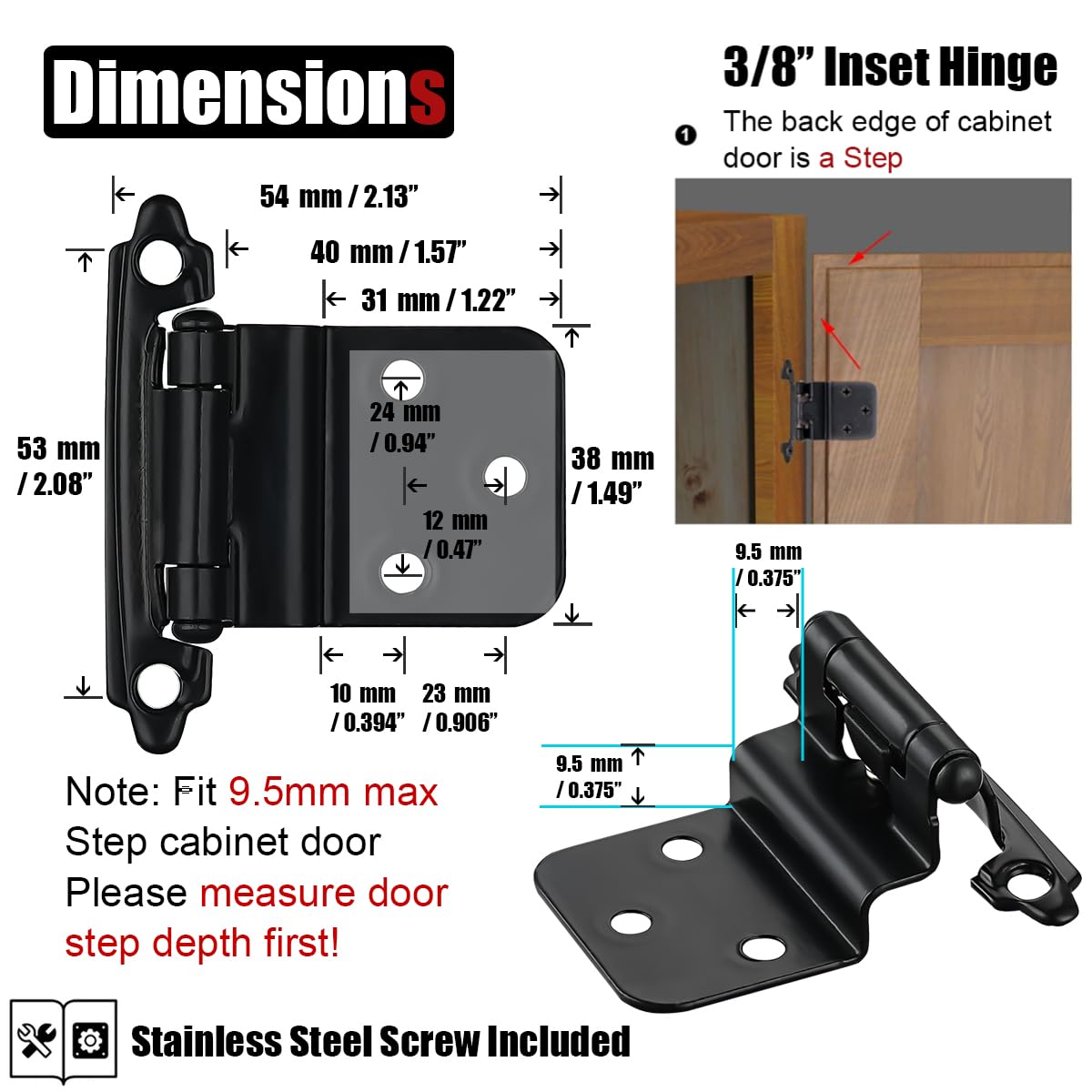JQK 3/8 Inch Inset Cabinet Door Hinges Oil Rubbed Bronze, 4 Pack 2 Pairs Flush Face Mount Cupboard Self-Closing Kitchen Cabinet Hardware Hinges with Door Bumper, CH201-ORB-P4