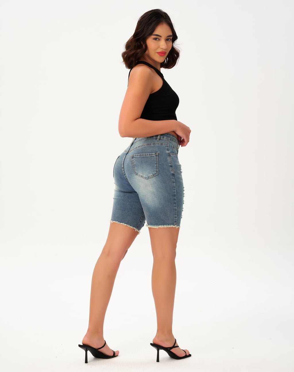 roswear Womens Ripped Stretchy Long Jean Shorts Mid Rise Frayed Cut Off Bermuda Shorts