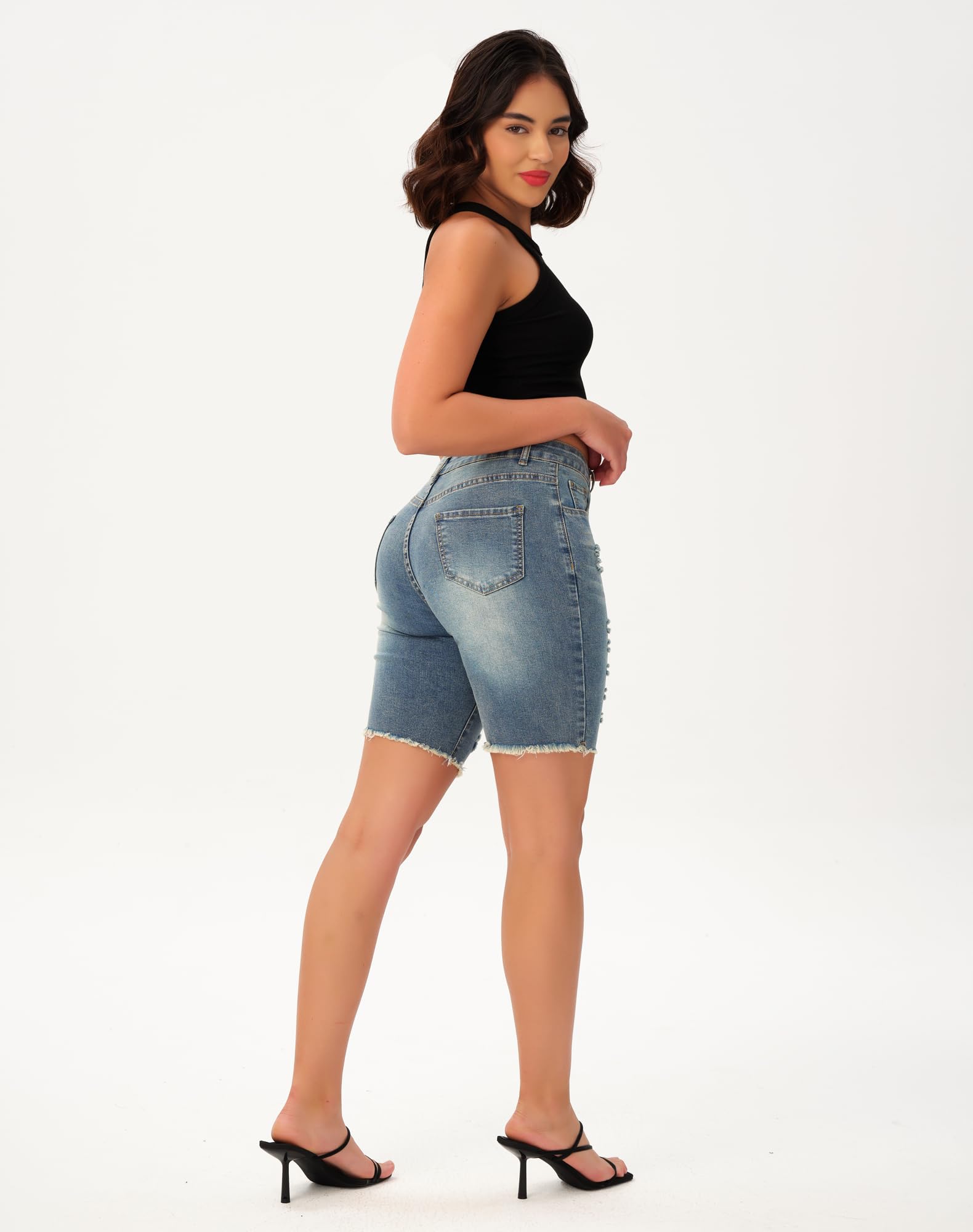 roswear Womens Ripped Stretchy Long Jean Shorts Mid Rise Frayed Cut Off Bermuda Shorts