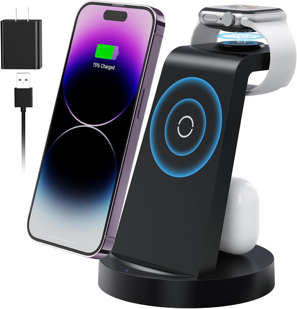 3 in 1 Charging Station for Apple Device, Wireless Charger for iPhone 17 16e 16 15 14 13 12 11 Pro Max & Apple Watch iWatch - Charging Stand Dock for AirPods