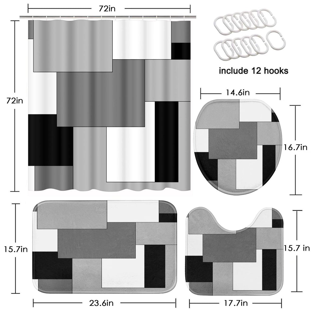 Beige Geometric Shower Curtain Set with Toilet Lid Cover and Non-Slip Rugs for Bathroom, Black Grey White Checkered 4 Pcs Shower Curtain, Modern Abstract Bathroom Set with 12 Hooks