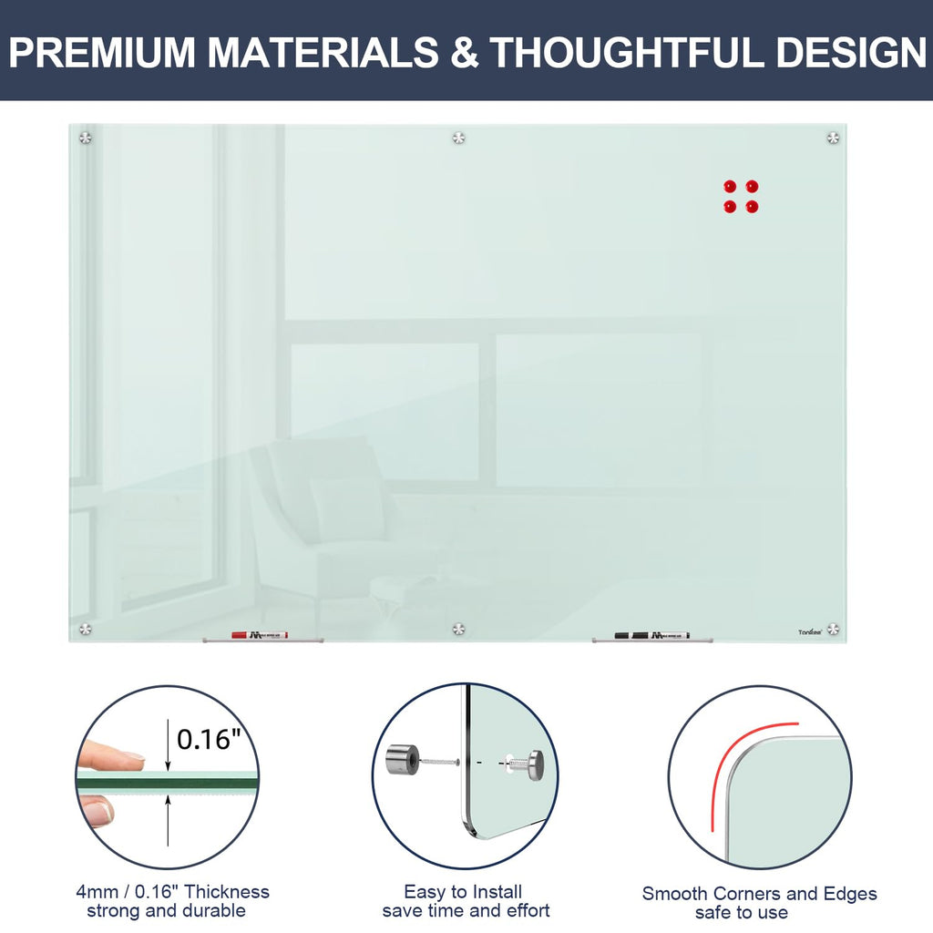 Dry Erase Board Black Magnetic Glass Whiteboard, TANKEE Modern Large Frameless Tempered Glass White Board for Wall, Office, School, Home, 36” x 24”, 3' x 2' White Board
