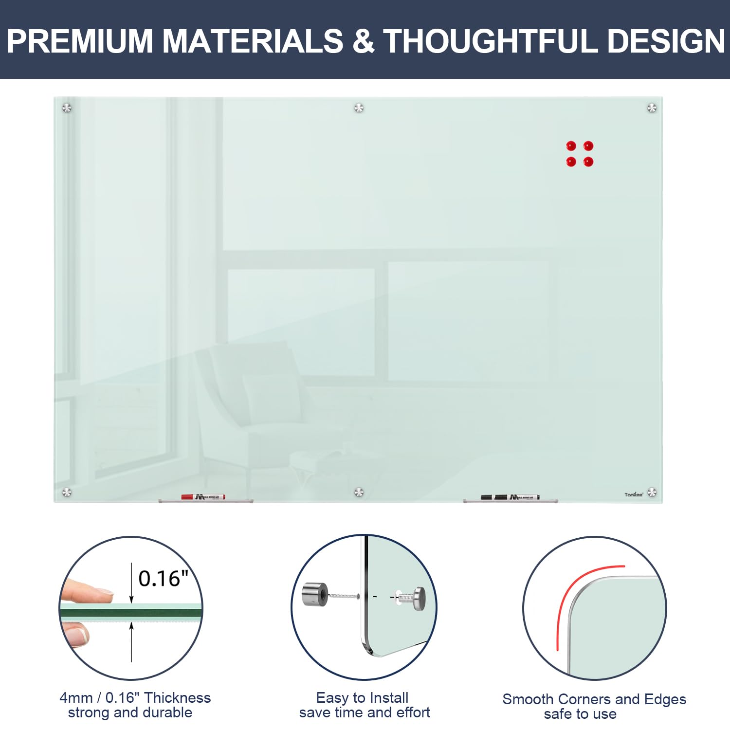 Dry Erase Board Black Magnetic Glass Whiteboard, TANKEE Modern Large Frameless Tempered Glass White Board for Wall, Office, School, Home, 36” x 24”, 3' x 2' White Board