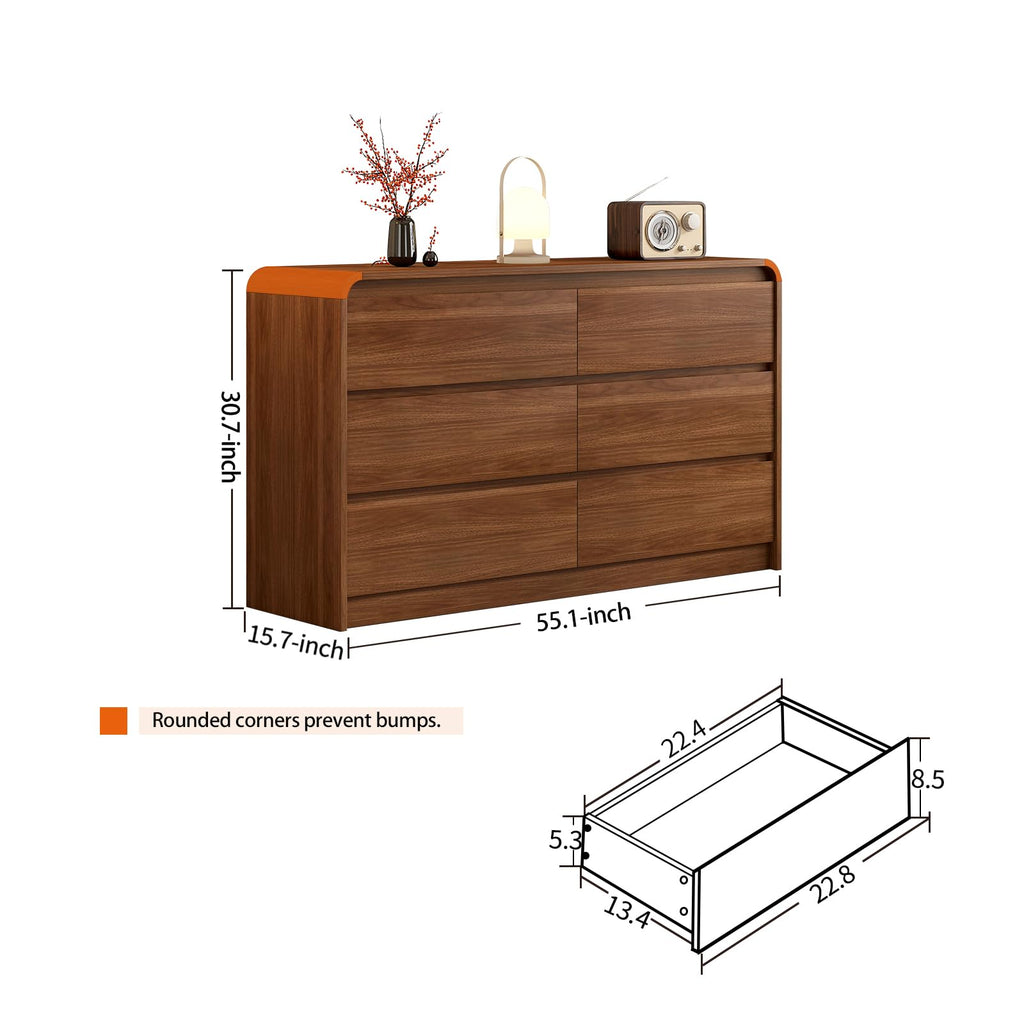 Messenya Modern 6 Drawer Dresser, 47-Inch Wood Chest of Drawers, Curved Anti-Collision Design, Mid-Century Storage Cabinet, Pre-Embedded Slots, for Bedroom, Living Room, TV Stand, Nursery