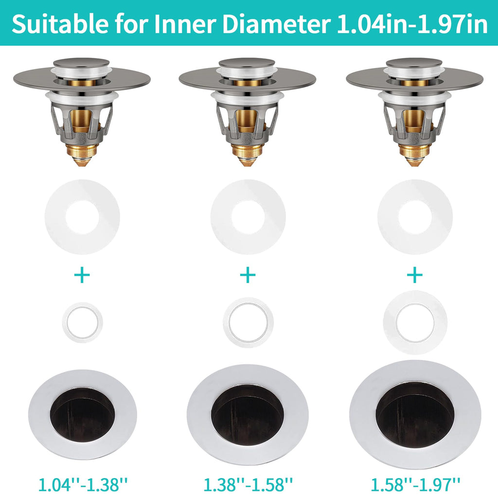 Universal Bathroom Sink Stopper with Hair Catcher, for 1.04-1.97 Inch Drain Hole, Spring Core Bathtub Drain Cover, Pop Up Sink Plug Basin Drain Strainer, Large Lid Black
