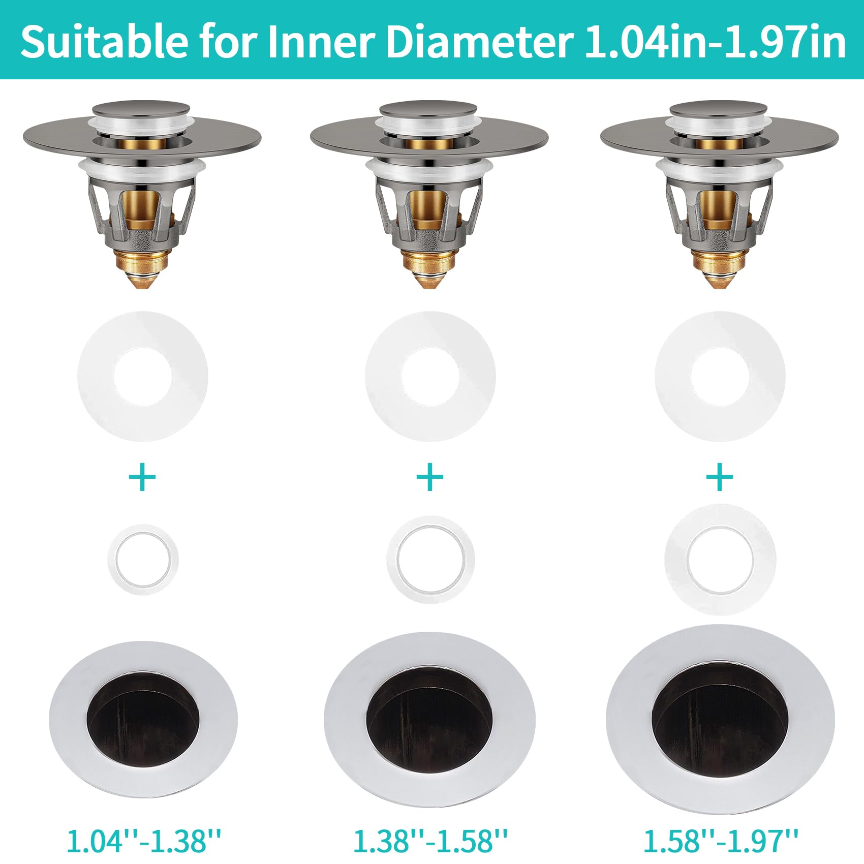 Universal Bathroom Sink Stopper with Hair Catcher, for 1.04-1.97 Inch Drain Hole, Spring Core Bathtub Drain Cover, Pop Up Sink Plug Basin Drain Strainer, Large Lid Black