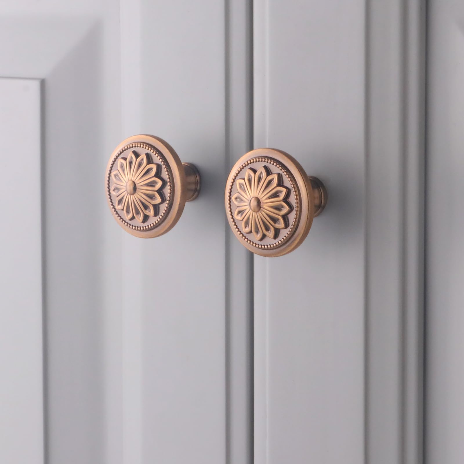 4 Pack Antique Brass Cabinet Knobs Vintage,1-2/5" Round Antique Kitchen Handles for Cabinets and Drawers Vintage Brass Dresser Drawer Knobs