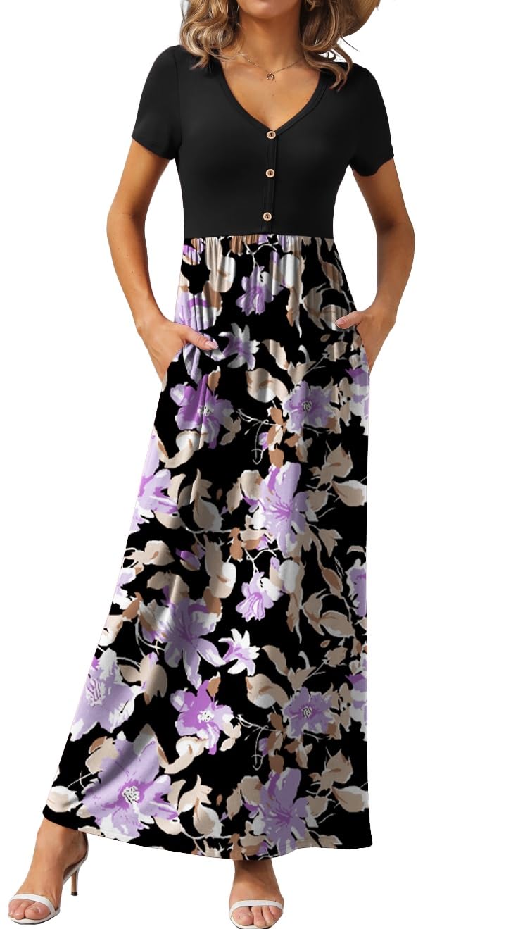 GRECERELLE Womens Summer Long Maxi Dresses 2026 Short Sleeve V Neck Casual Button Dress with Pockets