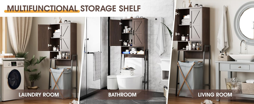 Vabches Over The Toilet Storage Cabinet with 2-Door Design Bathroom Organizers and Storage with Anti-Tip Device Over Toilet Organizer with Shelves for Bathroom,Restroom,Laundry Black