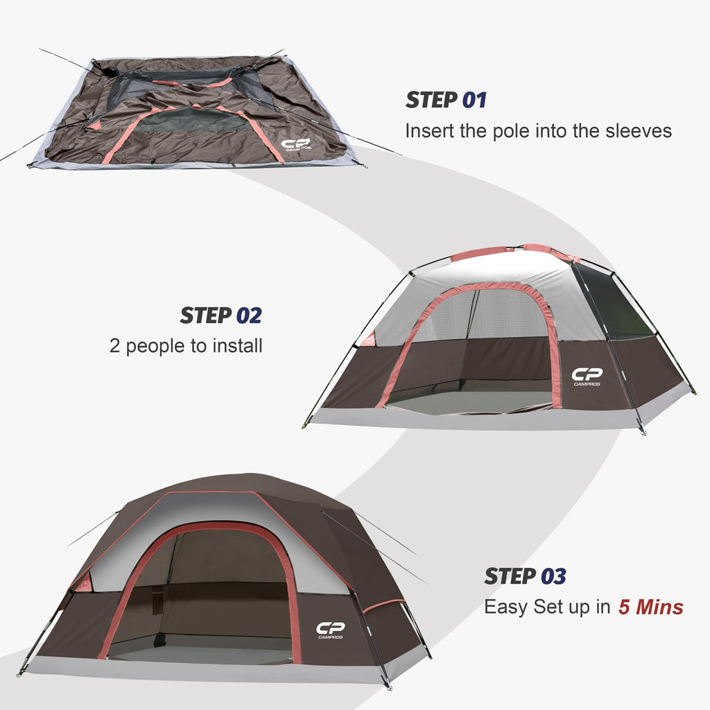 CAMPROS CP Camping Tent 2/4/6 Person, Waterproof Windproof Double Layer Dome Tent, Easy Setup with Large Mesh Windows & Wide Door for Outdoor Camping Backyard