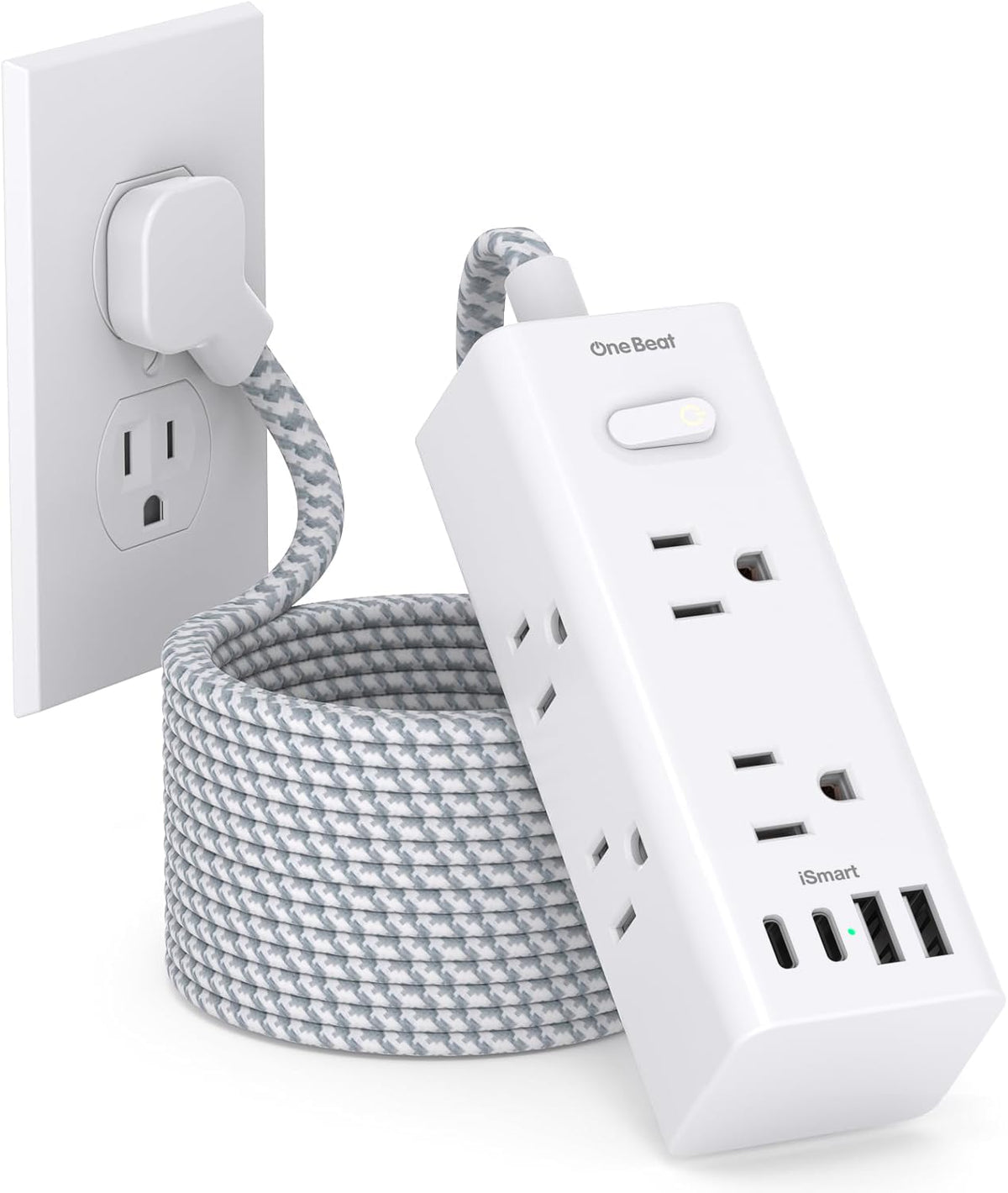 One Beat Short Extension Cord 1Ft, Flat Plug Power Strip Surge Protector - 6 Widely Outlets with 4 USB Ports (2 USB C), Wall Mount Small Power Strip for Travel, Home Office College Dorm Essentials