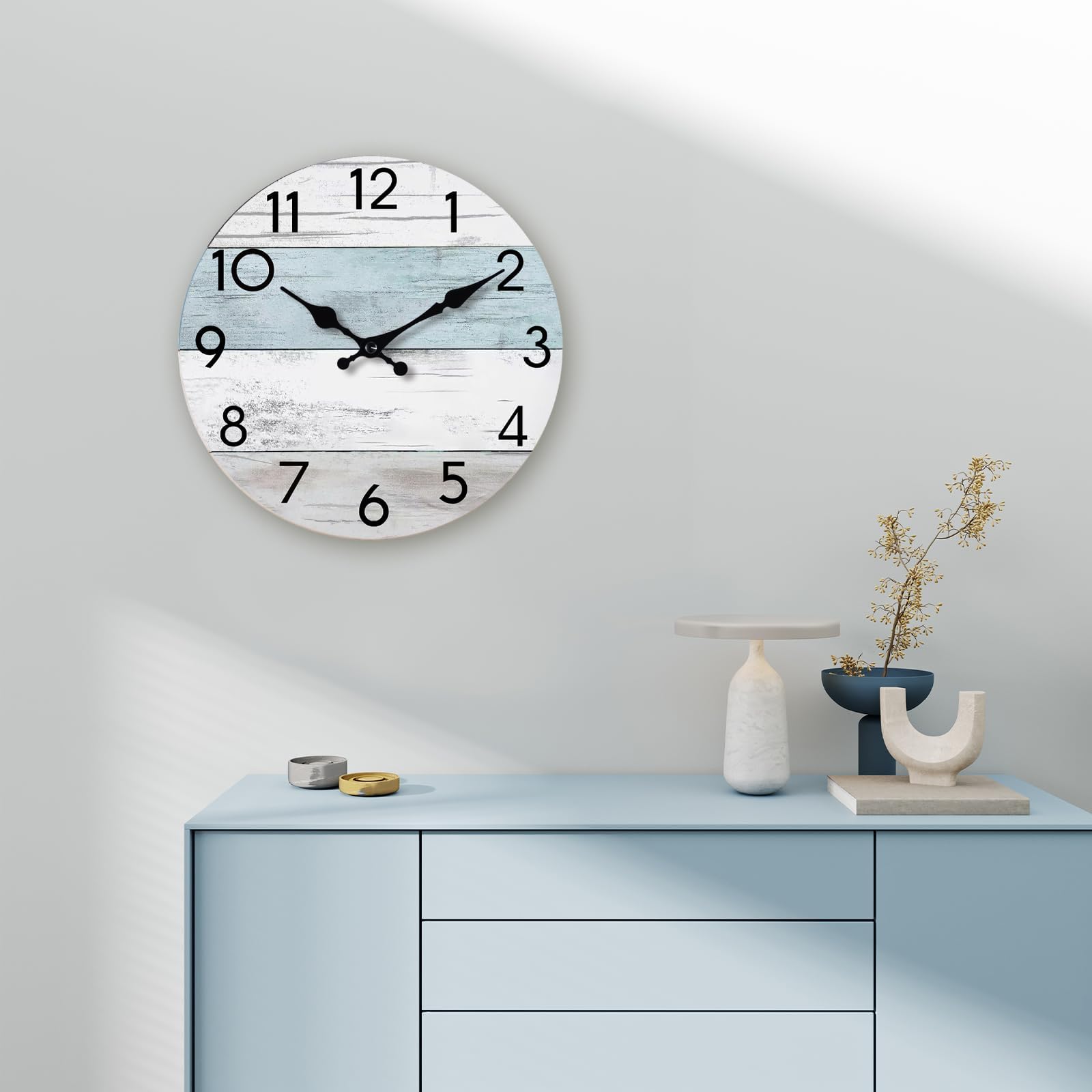 KECYET Wall Clock Silent Non-Ticking Wooden Clocks Battery Operated 8 Inch Small Country Retro Rustic and Beach Style Decorative for Kitchen, Home, Bathroom, Bedroom (Blue)