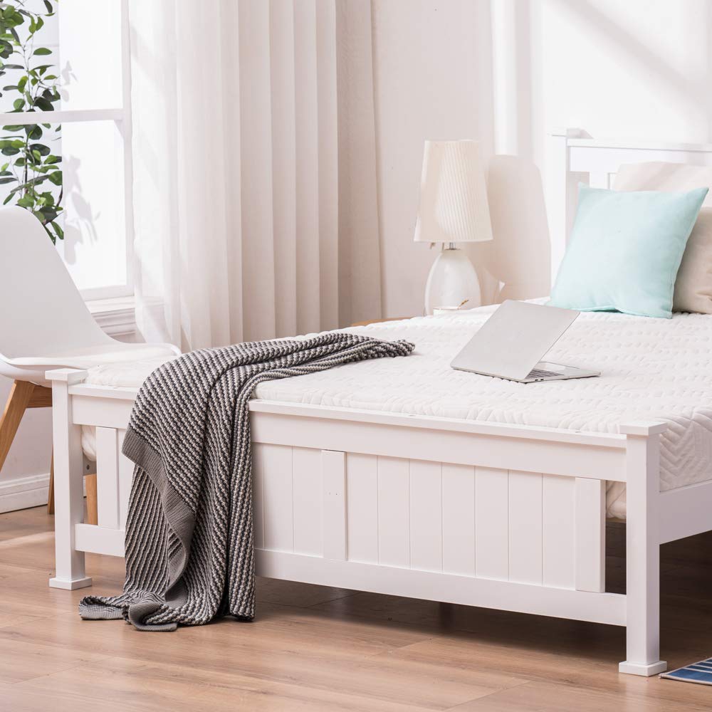 Bonnlo Twin Size Solid Wood Platform Bed Frame, Single Bed with Headboard, No Box Spring Needed Panel Bed, Wood Slat Support Mattress Foundation, White