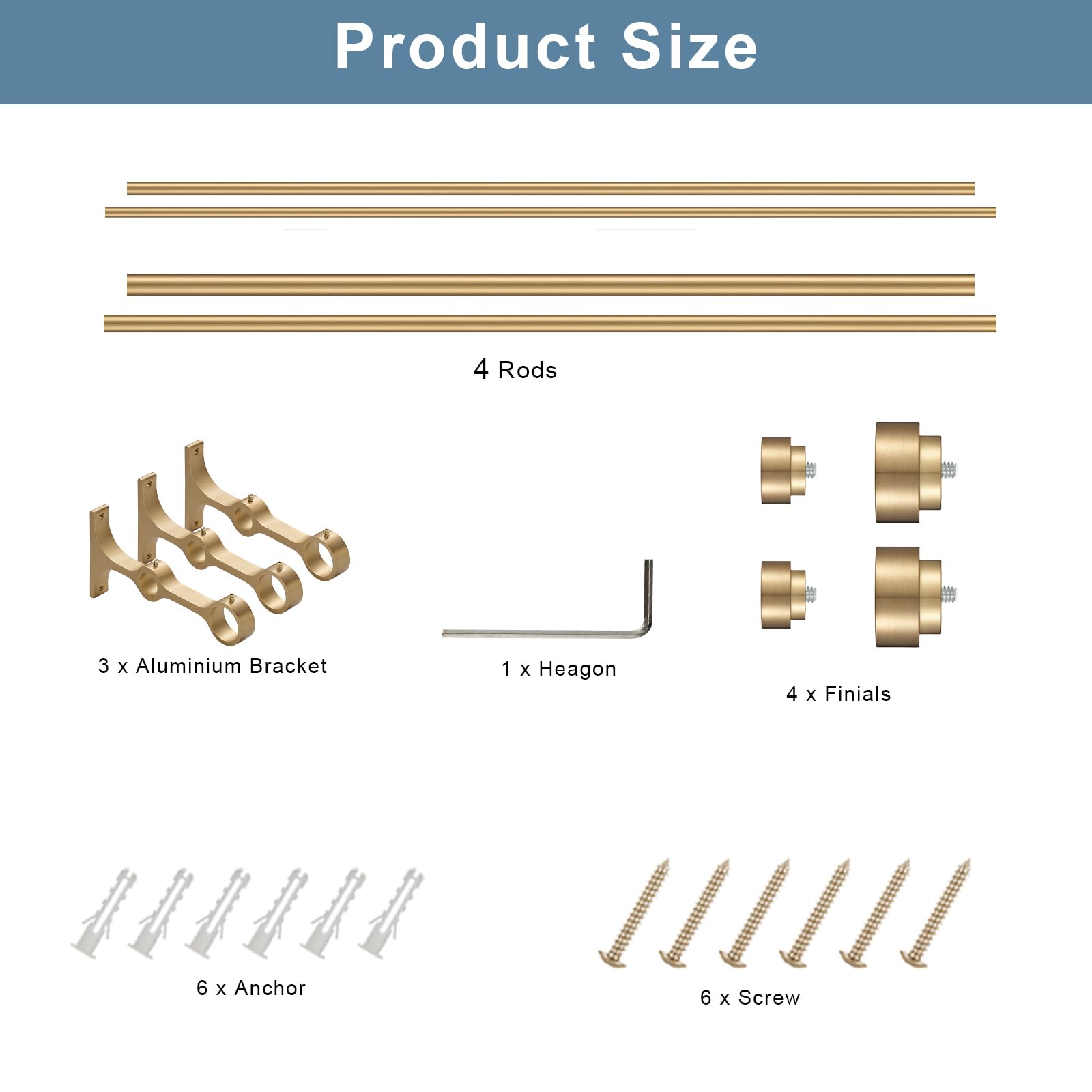 Heavy Duty Double Curtain Rods with Cylindrical Cap Finials - 36 to 72' Telescoping Rods, 1 Inch and 5/8 Inch Diameter, Light Gold