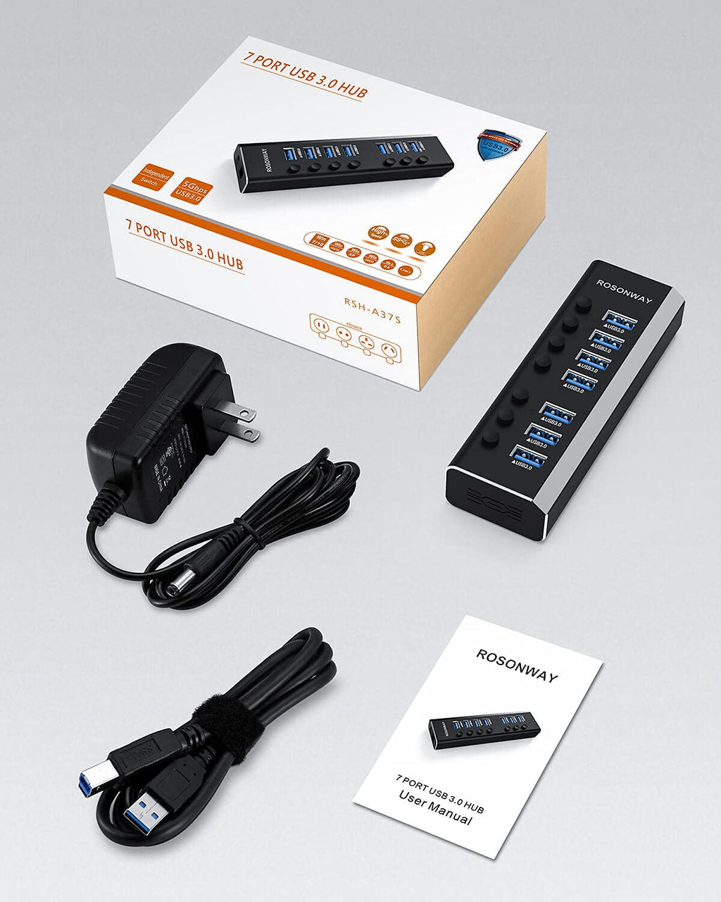 USB Hub 3.0 Powered Rosonway Aluminum 7 Ports USB 3.0 Data Hub Splitter with 24W (12V/2A) Power Adapter and Individual On/Off Switches USB Port Expander for PC and Laptop (RSH-A37S)