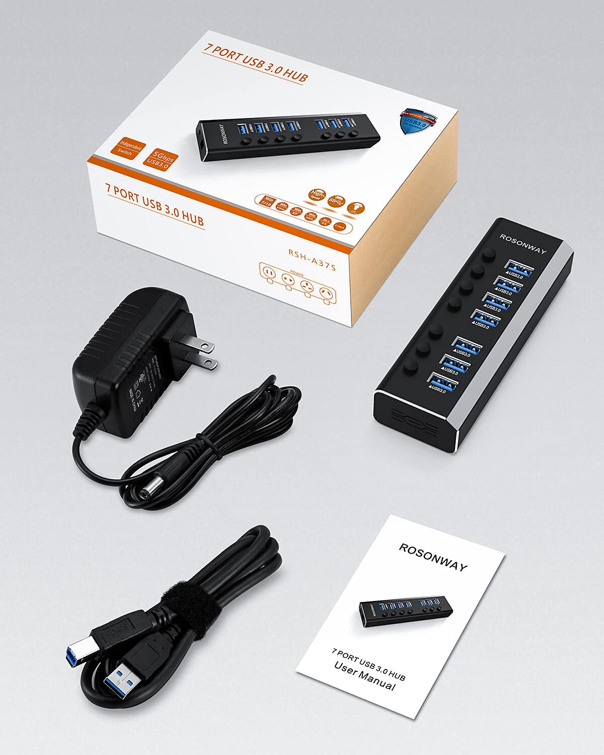 USB Hub 3.0 Powered Rosonway Aluminum 7 Ports USB 3.0 Data Hub Splitter with 24W (12V/2A) Power Adapter and Individual On/Off Switches USB Port Expander for PC and Laptop (RSH-A37S)
