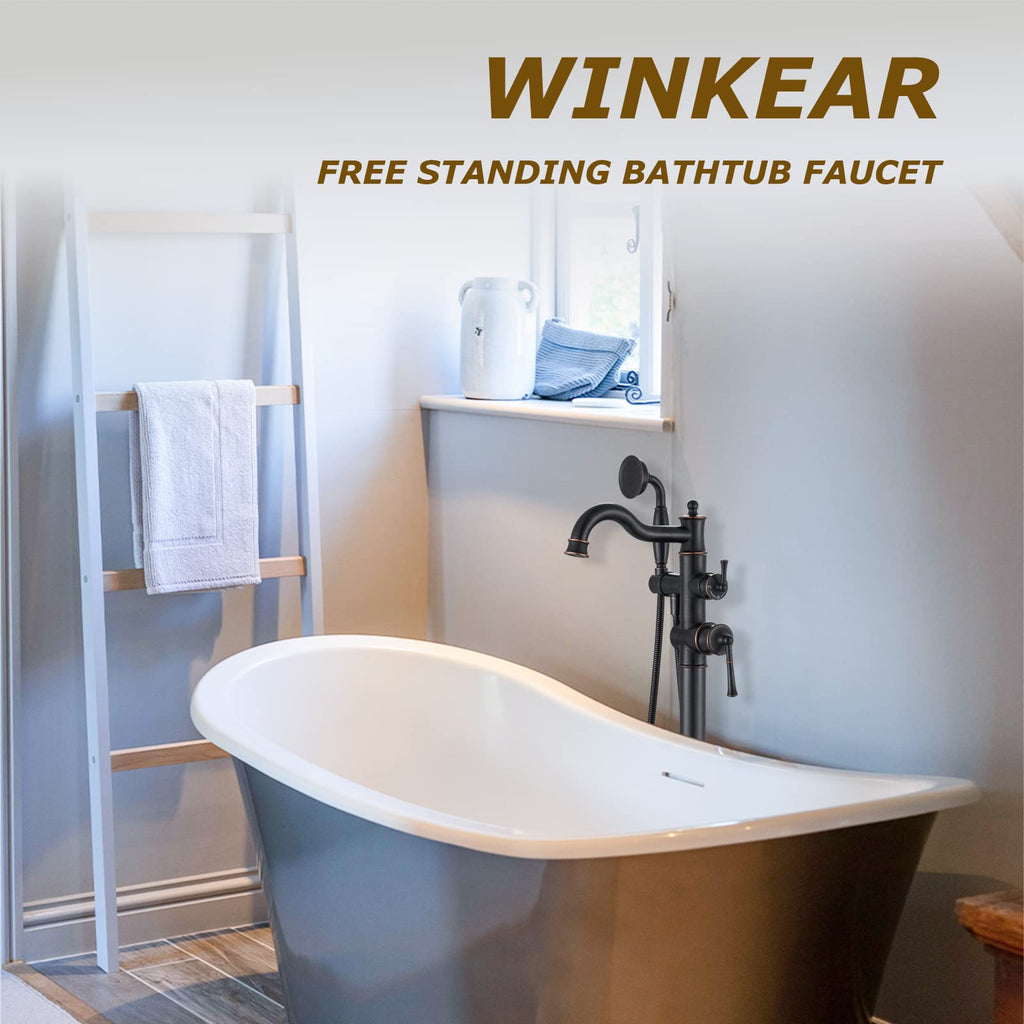 Freestanding Floor Mount Tub Filler with Handheld Shower Roman Bathtub Faucet by Brushed Gold Finish, Swivel Spout with Brass Rough-in and Water Hose
