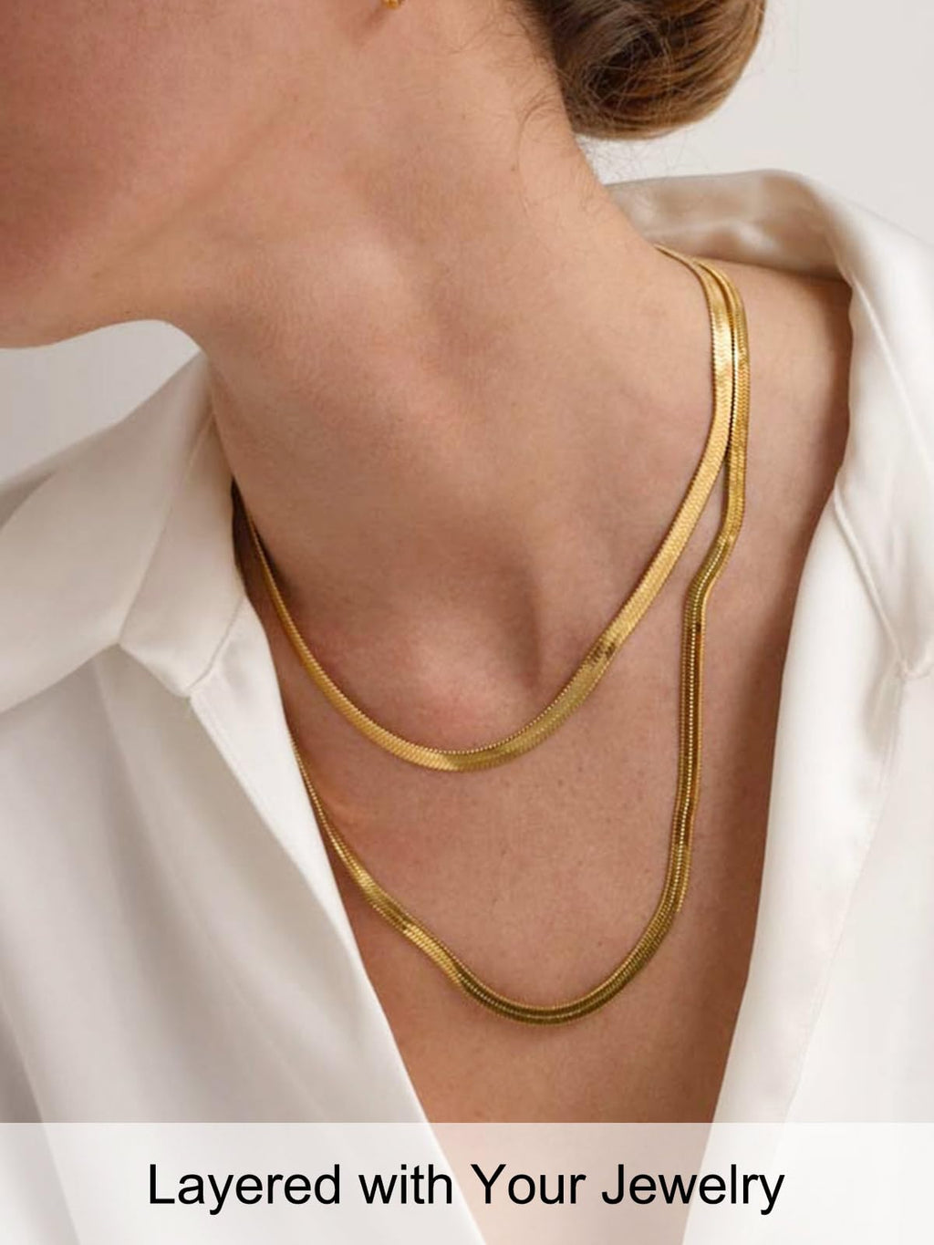 FOCALOOK 14K Gold Plated Necklaces for Women, Fashion Herringbone Choker Necklace Stainless Steel Flat Snake Chain 3/5MM(W) 12.5"/15"/18"+3.5"(L)