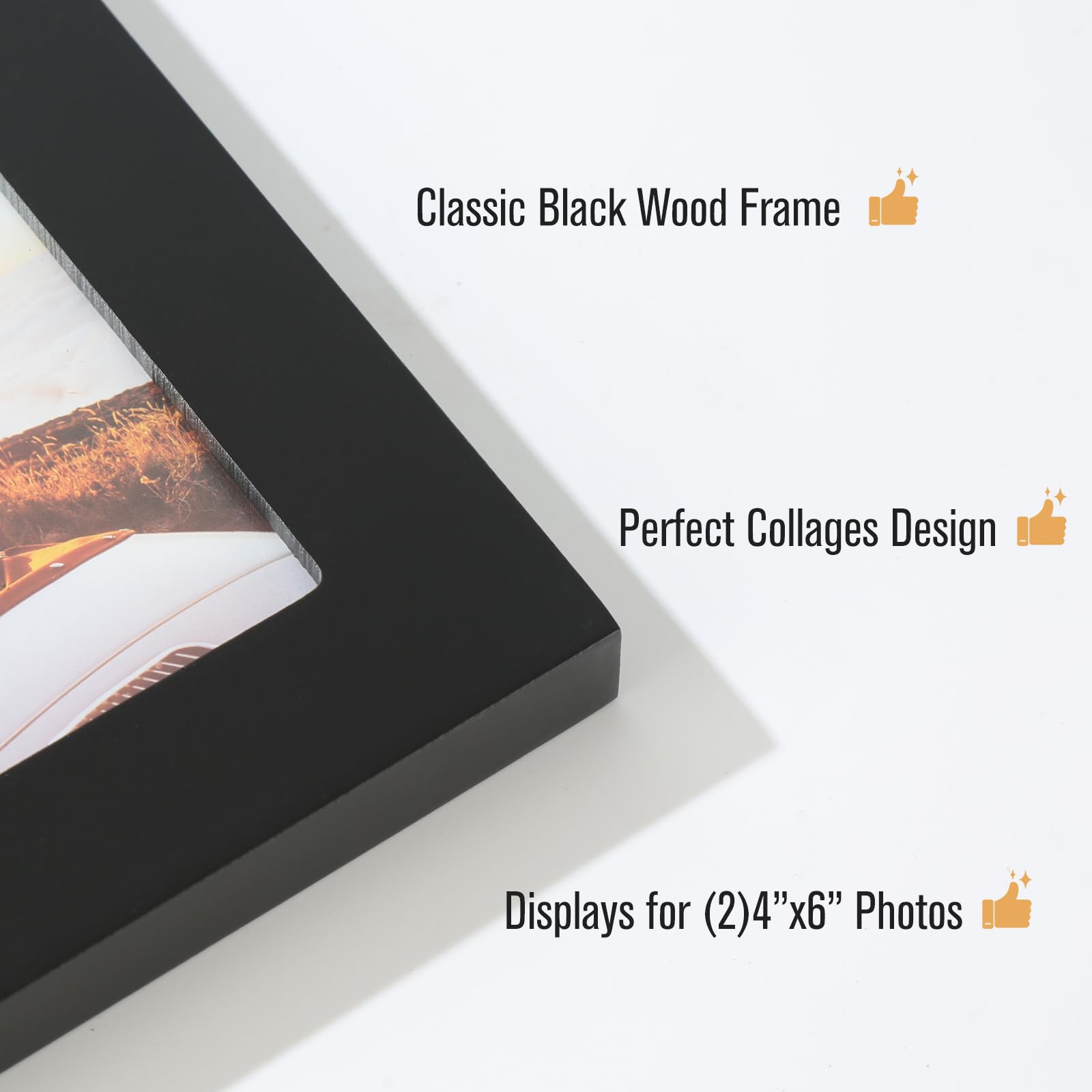 4x6 2-Opening Collage Frame Black Wood | Two 4x6 openings, shatter-resistant glass, tabletop & wall mount