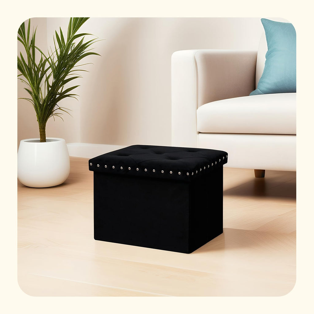 PINPLUS Folding Storage Ottoman Bench, Folding Velvet Tuffed Foot Rest Stool with Rivet, End of Bed Bench Large Long Shoes Chest for Bedroom Entryway Living Room, Beige, 41.3 Inches