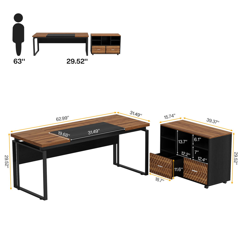 Tribesigns L-Shaped Executive Desk with Reversible File Cabinet, 63" Office Desk with Storage Drawers, L-Shaped Computer Desk with Drawer Cabinet for Hanging Letter Size Files (Gray & Black)