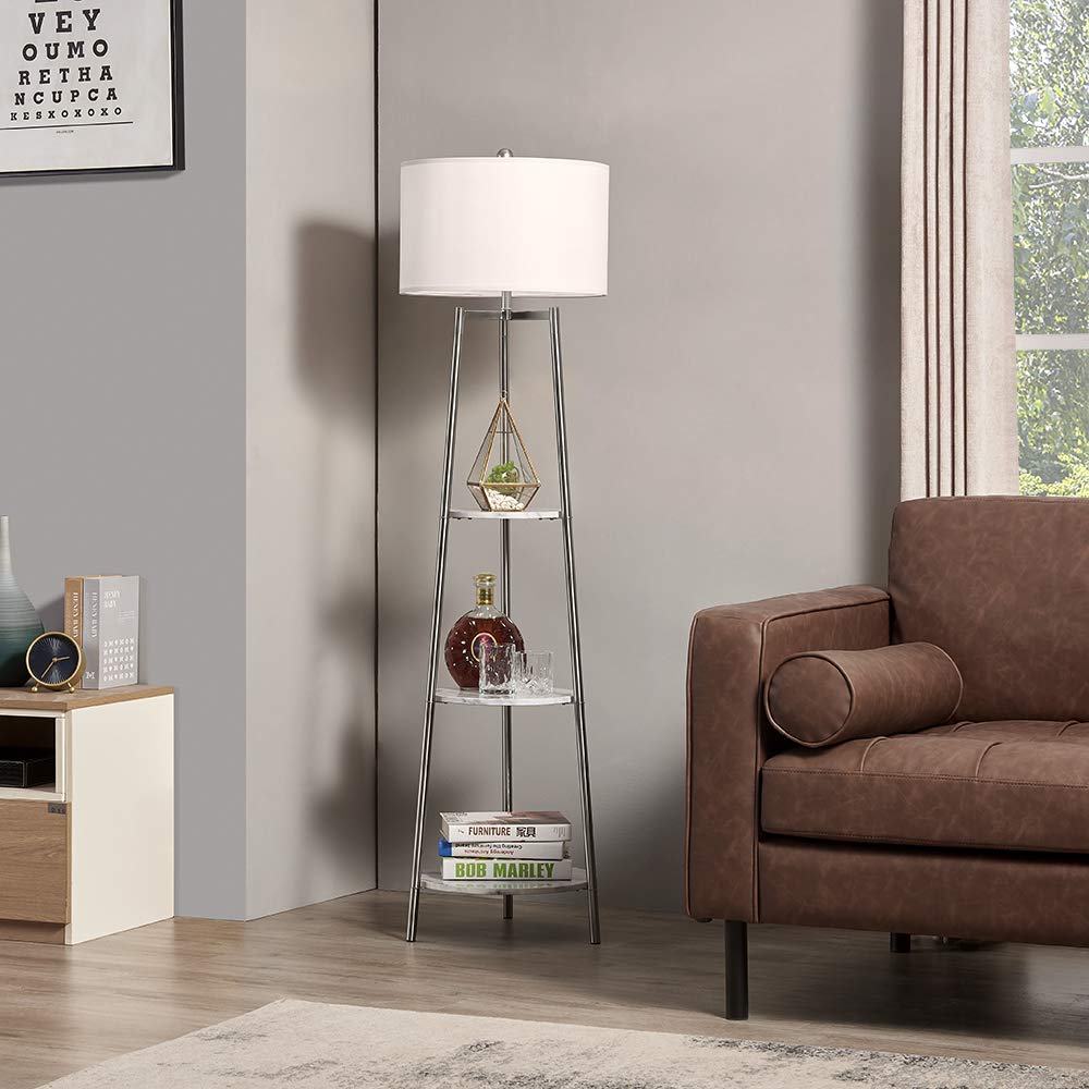 ROSEN GARDEN Floor Lamp, Standing Reading Light with Shelves and Fabric Shade, Modern Tall Pole Lamp, Accent Furniture Décor Lighting for Living Room, Bedrooms (Gold, 4-Tier)