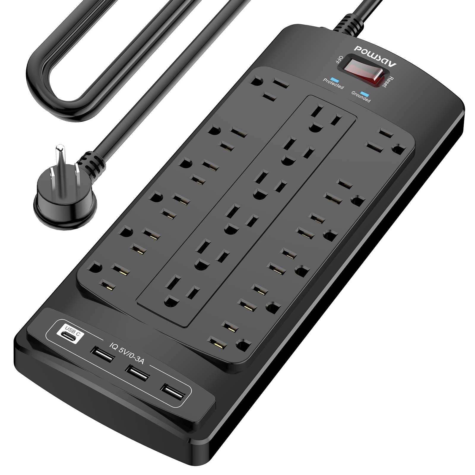 18 Outlets Surge Protector Power Strip - 6 Feet Flat Plug Heavy Duty Extension Cord with 18 Widely Outlets and 4 USB Ports, 2100 Joules, Black, ETL Listed