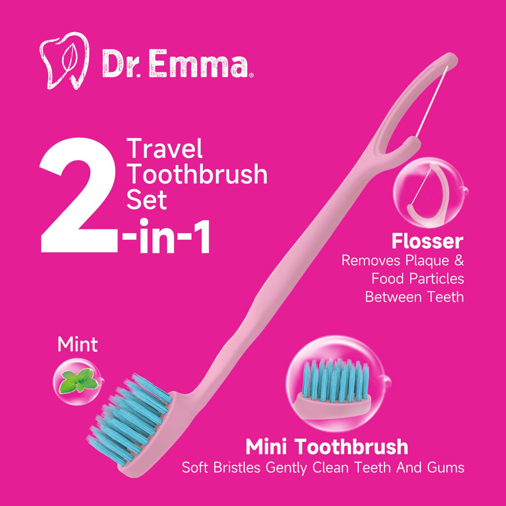 Dr. Emma Mini Brush Disposable Toothbrushes with Floss, Travel Mint Toothbrush for On-the-Go Use, 24 Packs Individually Wrapped Small Portable Toothbrush, Blue