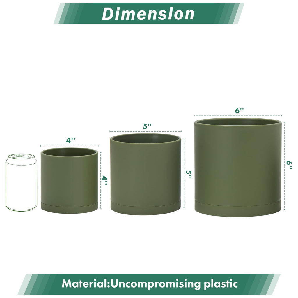 D'vine Dev 6.5 Inch 8 Inch 10 Inch, Set of 3 Plastic Planter Pots for Plants with Drainage Hole and Seamless Saucers, Black Color, Large, 74-V-B-4