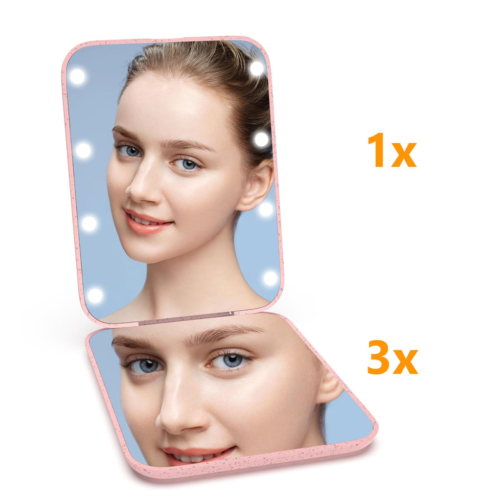 Kintion Pocket Mirror, 1X/3X Magnification LED Compact Travel Makeup Mirror with Light for Purse, 2-Sided, Portable, Folding, Handheld, Small Lighted Mirror for Gift, Pink