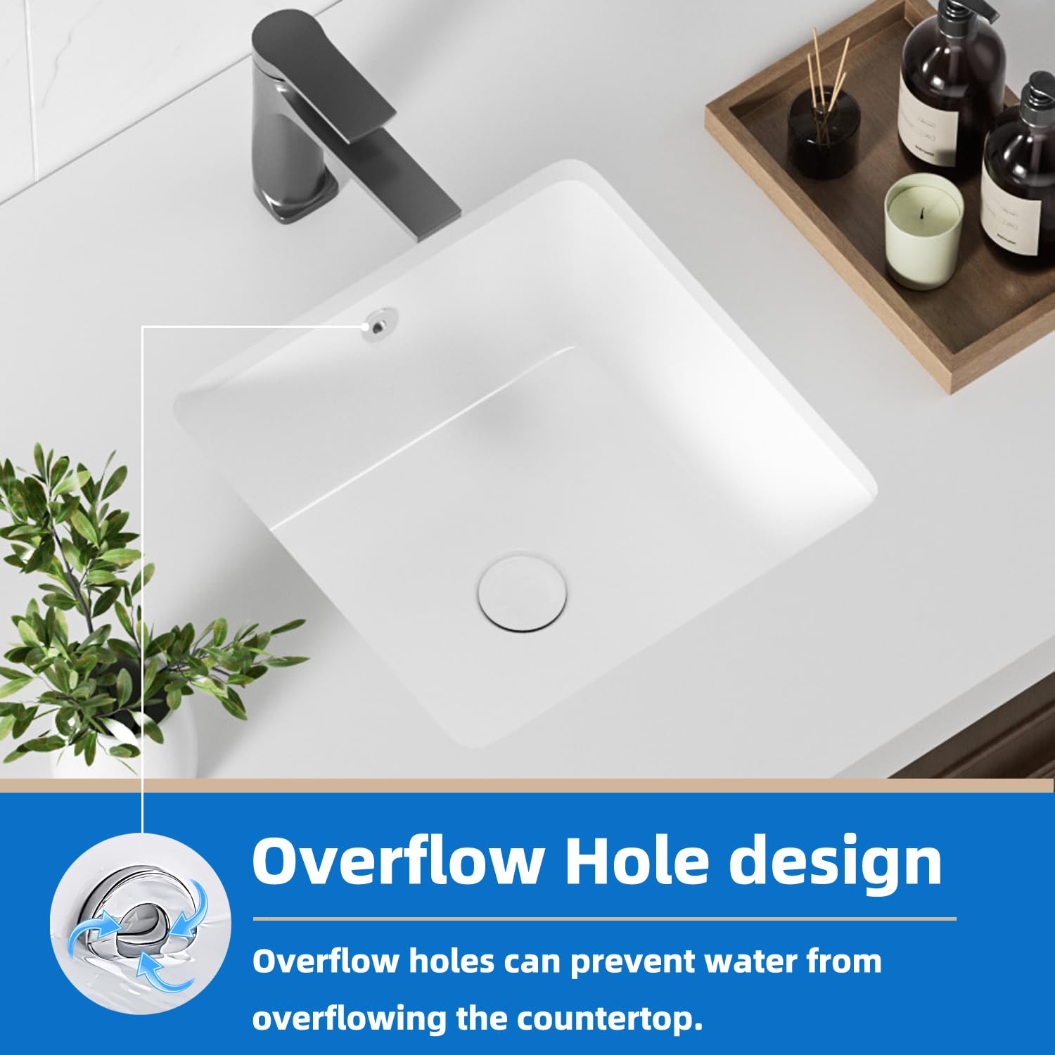 KINGWONG 14 Inch Small Square Undermount Bathroom Sink, 13.75" Ceramic White Porcelain Under Counter Basin for Vanity, Modern Rectangular Sink with Overflow Hole, Easy to Clean, Interior 11.5" x 11.5"