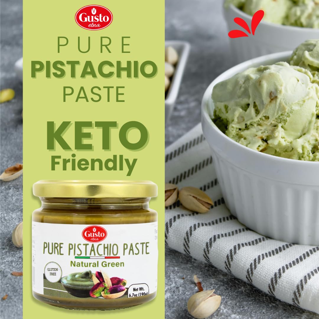 GUSTO ETNA Pure Sicilian Pistachio Paste 100% Pistachios, Unsweetend 6.7 oz | No Added Sugar or Artificial Colors, Butter Spread for Keto, Gelato, Fillings, with Natural Green Color, Product of Italy.